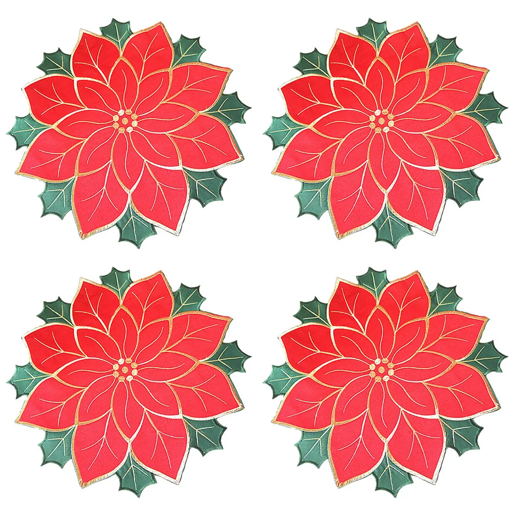 

4Pcs Table Place Mat Christmas Themed Placemats Embroidered Design Wear-Resist Insulated Surface Protection Festive Dinner Table