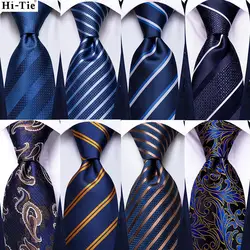 Hi-Tie Silk Mens Business Tie Striped Navy Blue Wedding Necktie For Men Quality Hanky Cufflink Party Fashion Designer Wholesale