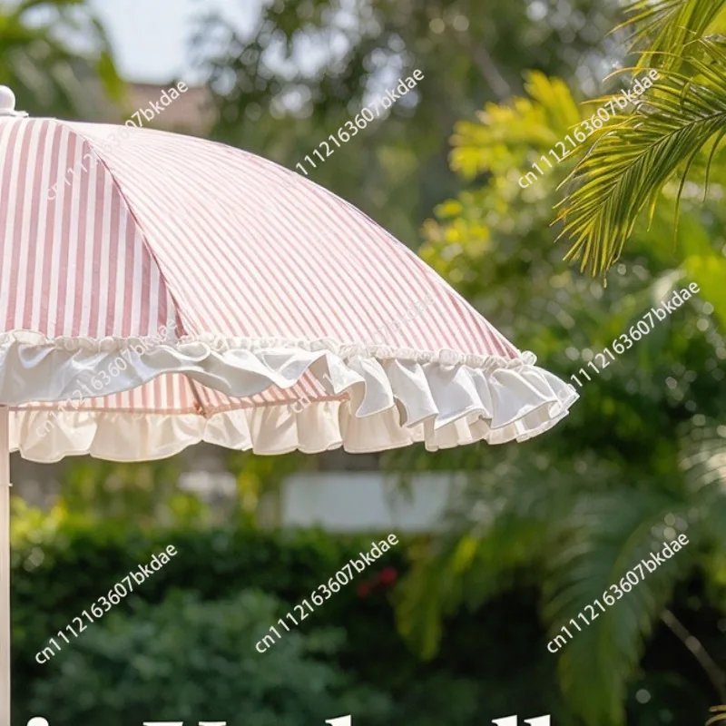 Orange Pink Striped Lace Beach Umbrella, Outdoor 2-Fold Sunshade Patio Garden Parasol, Retro Frill Edge Yard Decor