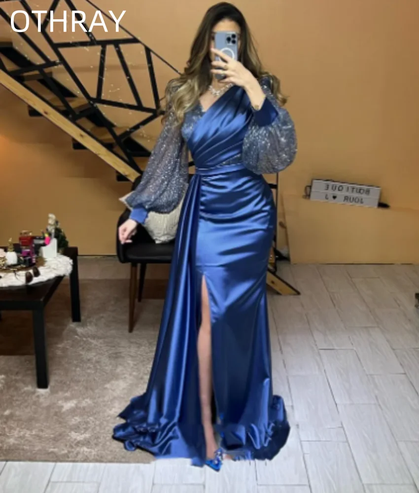 Vestido De noche De satén De sirena para mujer, traje Sexy De manga larga con cuello en V, a la moda árabe, para fiesta De boda y graduación, 2024