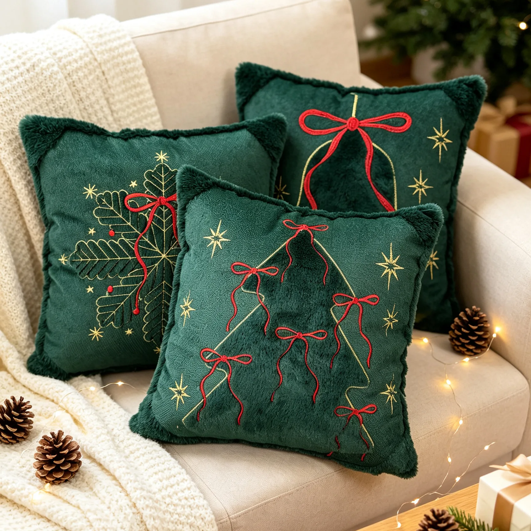 Weihnachtlicher grüner Kissenbezug mit gestickten Schneeglocken und Schleifen, Sofadekoration, Kissenbezug, Kopfteil-Kissenhülle – Detail 3