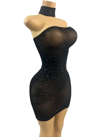 Women Rhinestone Sheer Mesh Strapless Tube Dress With Choker See Through Bodycon Mini Dress Slim Fit Nightclub Party Clubwear