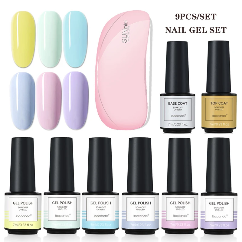 

9Pcs/lot 7ml Nail Gel Set with Base Coat and Top Nail Dryer Lamp Uv Led Soak-Off Gel Polish Long Lasting Varnish Lacquer