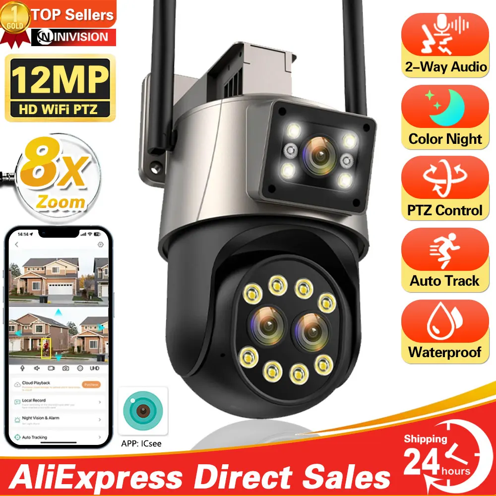 

12MP 6K PTZ Wifi Camera 8X Digital Zoom Dual Screens Wifi Surveillance Camera Night Vision CCTV IP Security Camera ICSEE APP