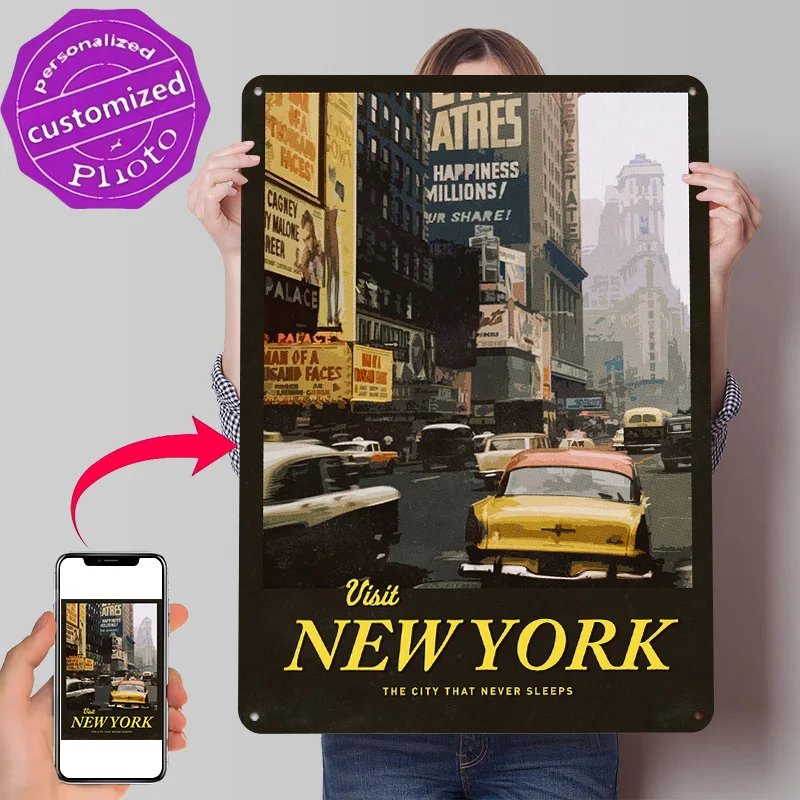 Visit New York Poster Retro 3D Printed Metal Signs Customized Wall Hanging Gift for Vintage Decorations Home Decor House Art