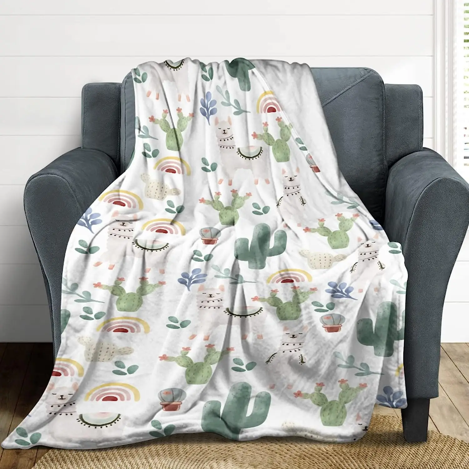 Funny Llama Cactus Leaves Rainbow Flannel Throw Blankets for Kids and Adults Cartoon Desert Animals Cozy Sofa Bed Office