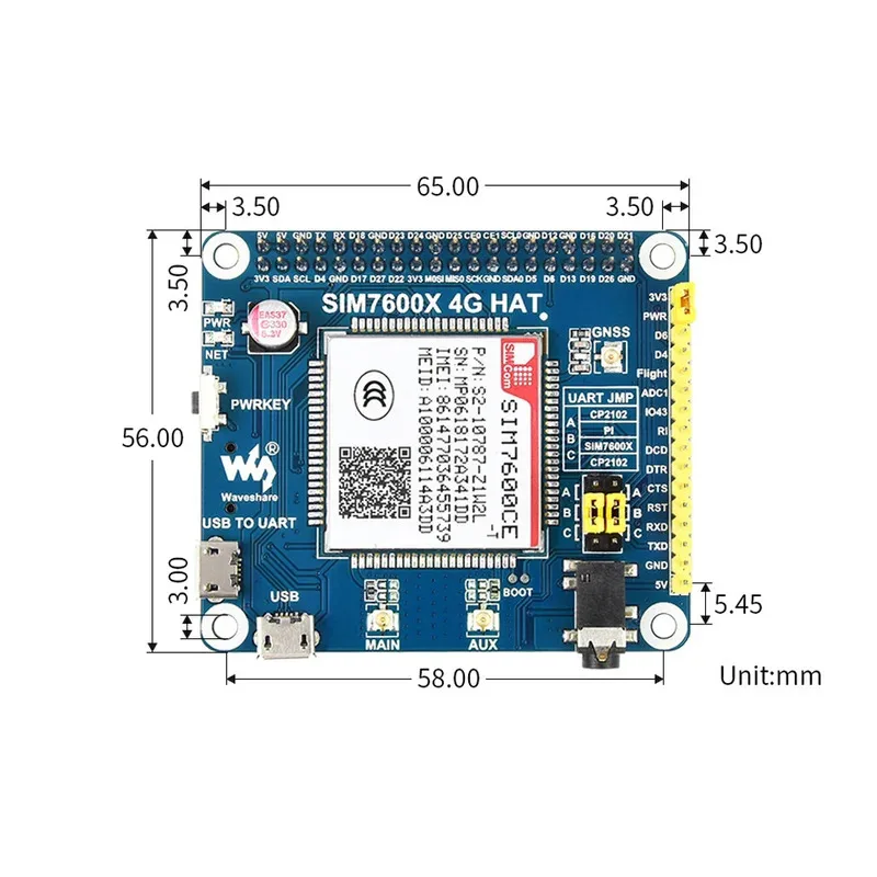 Waveshare SIM7600CE 4G HAT para Raspberry Pi, soporte LTE Cat-4 4G / 3G / 2G, posicionamiento GNSS, para algunos países del Sudeste Asiático