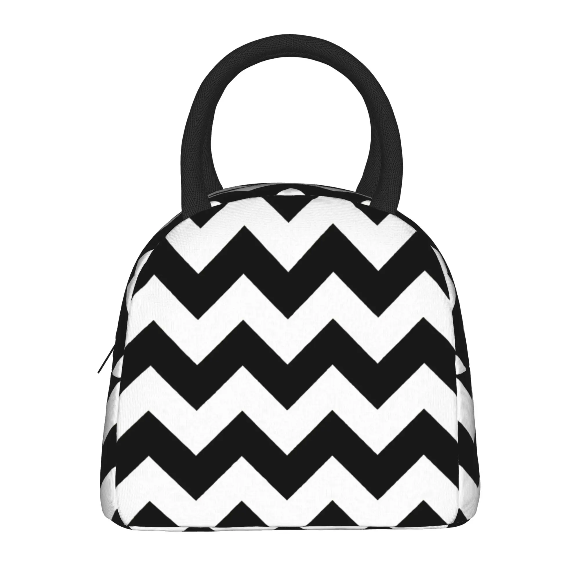 Black And White Chevron Stripes Lunch Bag  Fun Lunch Box For Child School Portable Cooler Bag Waterproof Graphic Tote Food Bags