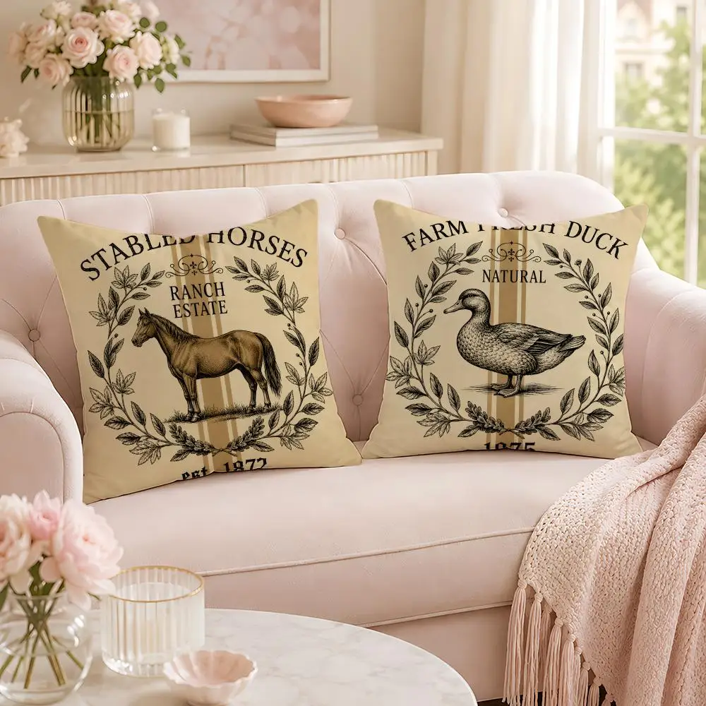 Farm Animal Vintage Rustic Cushion Cover Soft Short Plush Pillow Case Double Sided Print Washable Sofa Home Decor Gift
