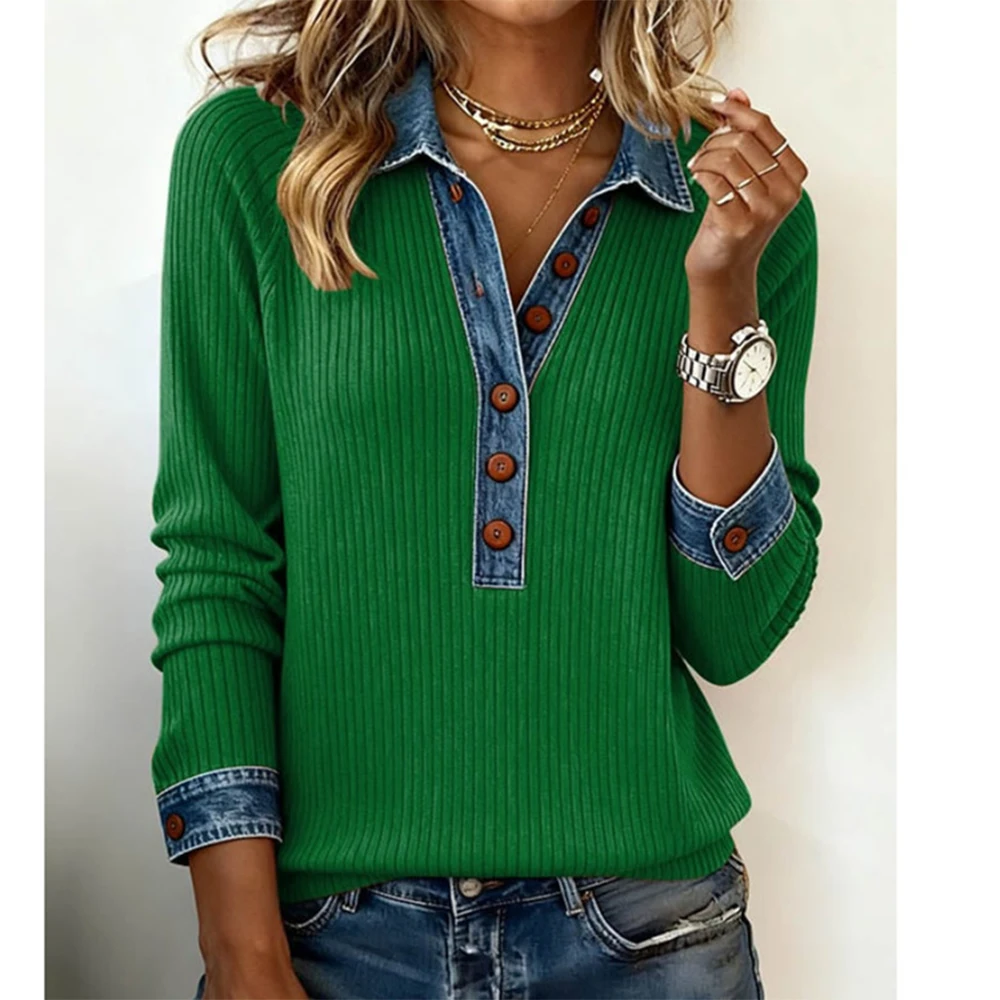 

Denim Collar Long Sleeve Pullover Spliced ​​Sweater Plus Size Top Blouse for Women's Vintage Casual Turn Down Collar Spring