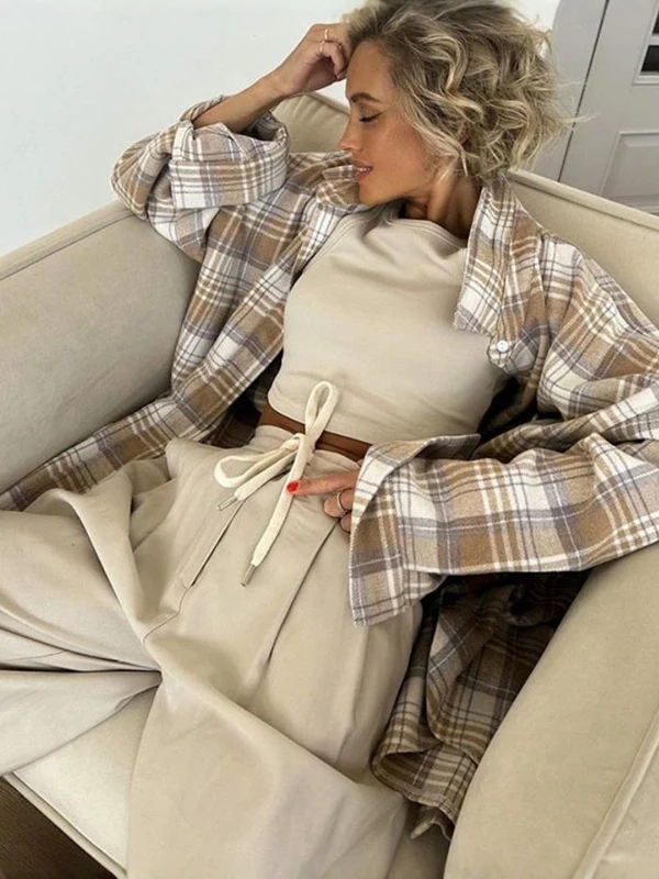 Faionable Oversize Plaid Long Sve irt Women's Vintage Sle Loose Fit Ladies' Blouse Casual Cheered Top