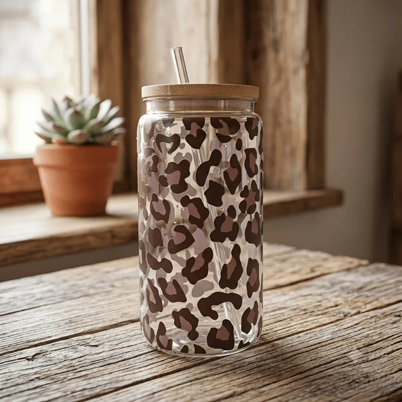 16oz Leopard Print Daisy Pattern Glass Cup Reusable Drinking Tumbler for Parties Camping Home Outdoor Holiday & Birthday Gifts