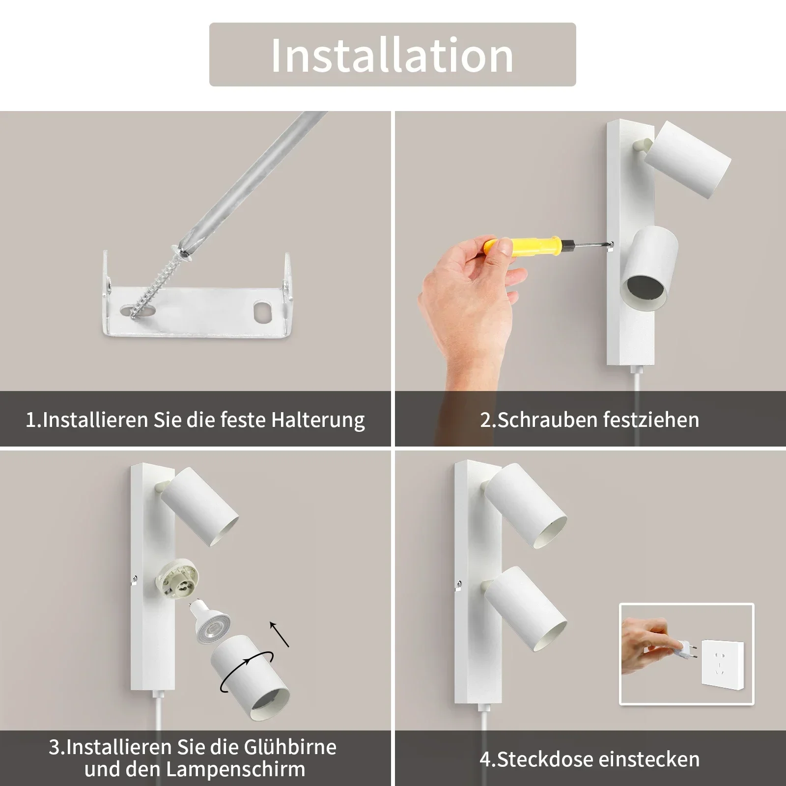 Wall light with switch indoor spotlight 2 spots GU10 with switch and plug white wall lamp rotatable 350° without bulb