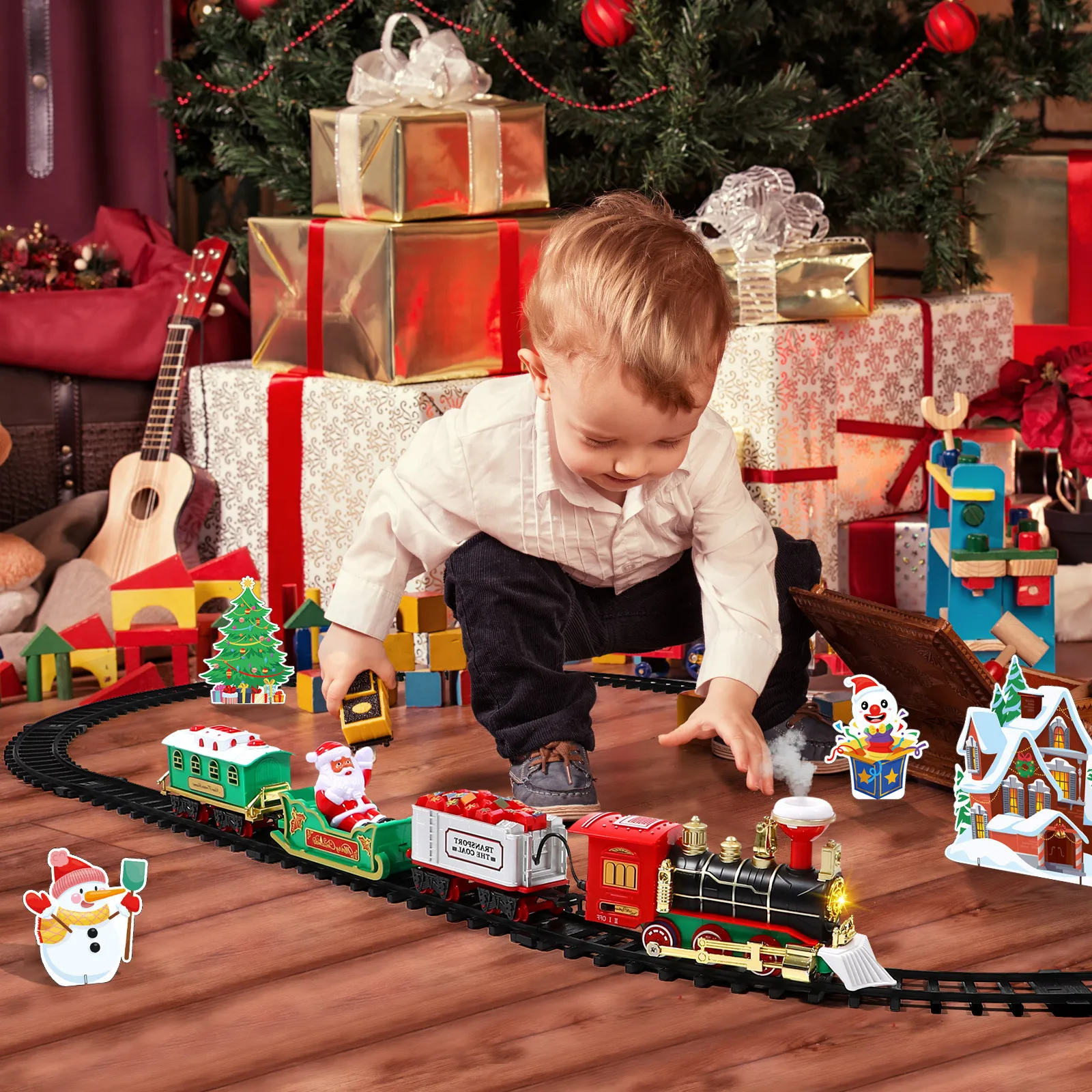 

Christmas Train Set Electric Toy Steam Engine with Lights Sound Railway Tracks for Kids Children Gift Under Tree