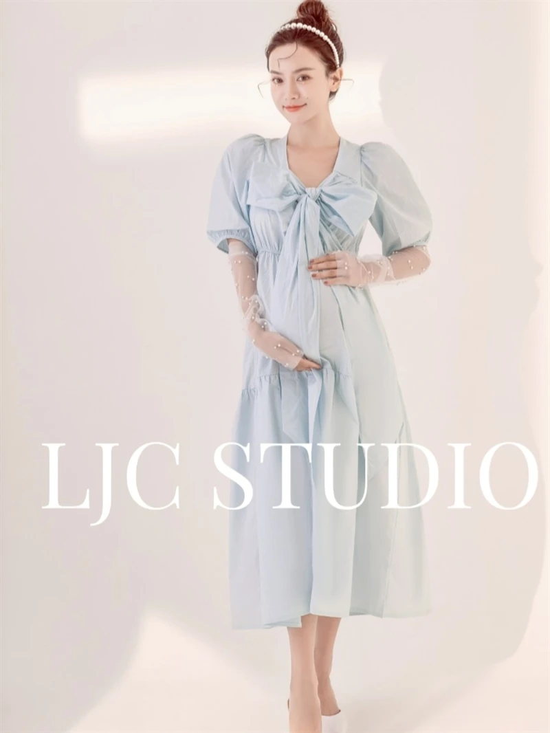 妊婦用マタニティフォトドレス、Vネック、ランタンスリーブ、ライトブルー、スタジオ写真アクセサリー用のかわいい服