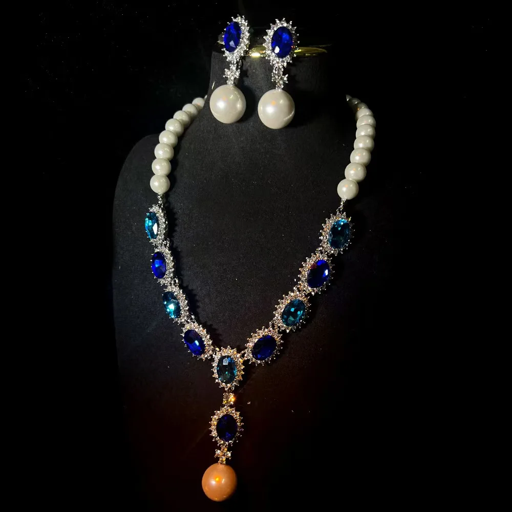 

New Fashion Vintage Pearl Sapphire Necklace Earring Two Pieces Set Fashion Women's Jewelry Set High-Quality