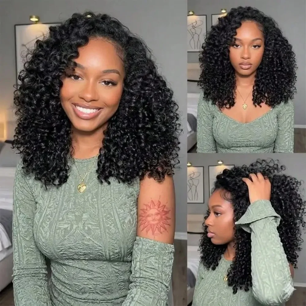 Burmese Curly Half Wig Human Hair Machine Made 3 in 1 Drawstring Curly Wig Seamless Clip Ins Wear and Go Wig for Black Women