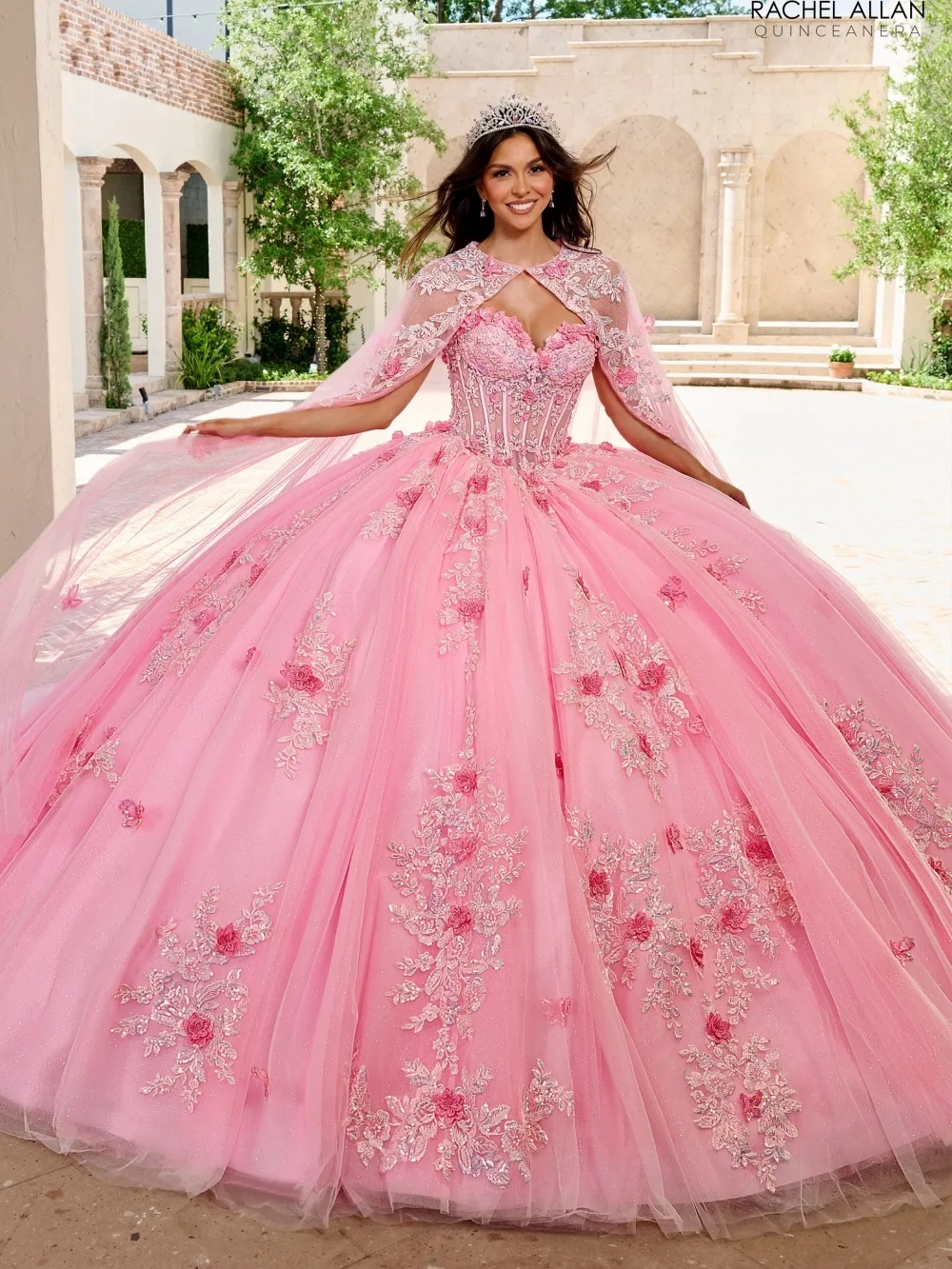 

Elegant Sweetheart Neck Pink Quinceanera Gown Featuring Sheer Beaded Bodice And Matching Tulle Cape For Grand Celebration
