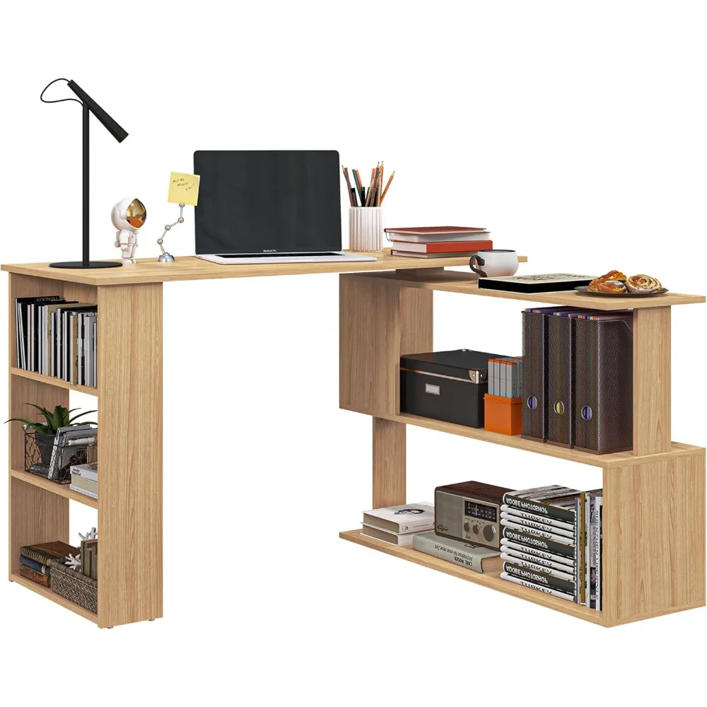 

L Shaped Corner Desk, 360 Degree Rotating Home Office Desk with Storage Shelves, Writing Table Workstation, Maple