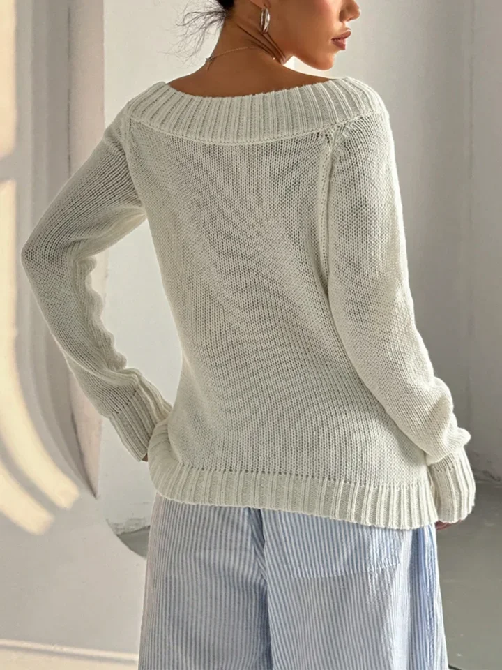 

Solid Color Simple One Neck Pullover with Slanted Shoulder, Autumn and Winter Women's Knitted Casual Sweater for Women