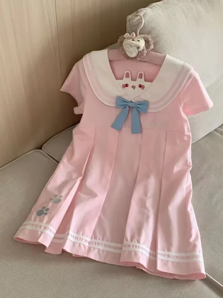 

Summer Kawaii Preppy Style Dress Women Japanese Sweet Loose Pink Bouffant Dresses Female Design Fairy Tale Warm Bow Outfits New