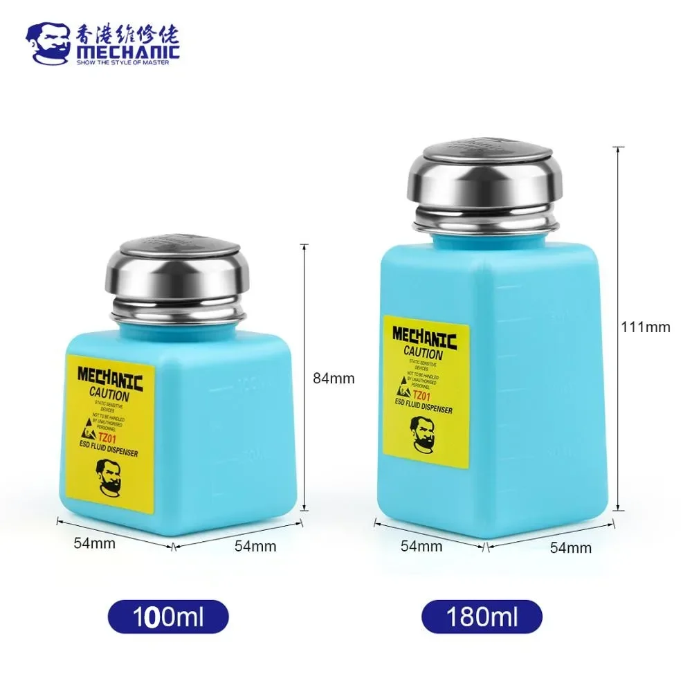 Mechanic ESD Fluid Dispenser 180ML Metal Cap Liquid Alcohol Bottle Press Pumping Dispenser for Phone Soldering Repair Tools