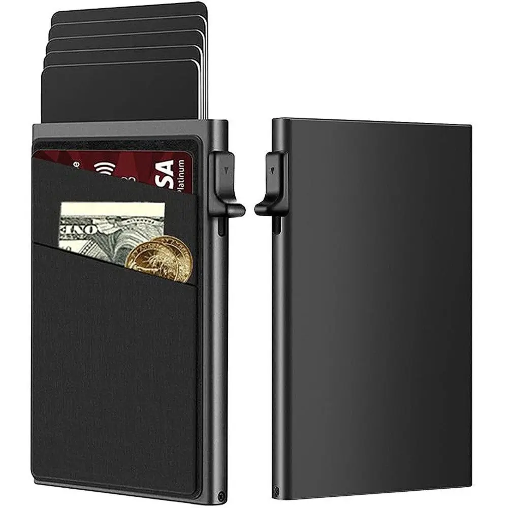Automatic RFID Anti-Theft Card Holder Screw Reinforcement Metal Box Bottom Men's Card Box Switch Side Design RFID Blocking