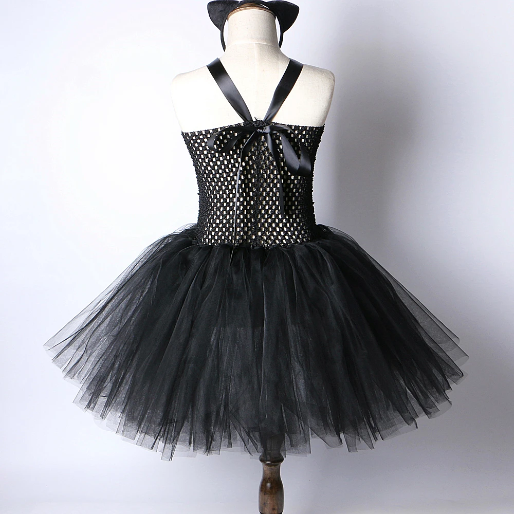 Baby Girls White Black Cat Tutu Dress for Kids Toddler Animal Fancy Outfit Halloween Carnival Costume with Ears Headband Tail