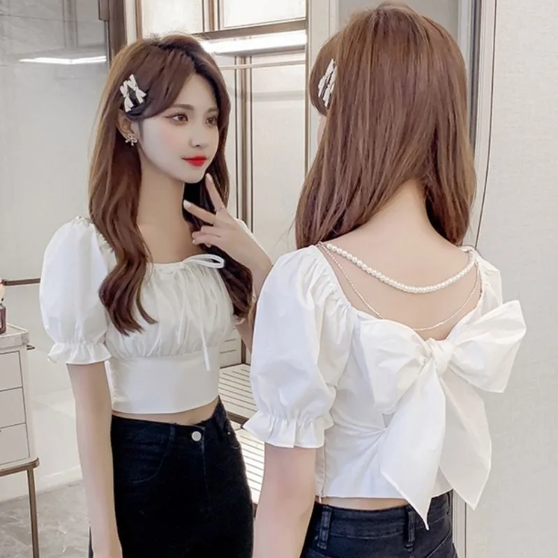 

Sweet Bow Design Blouses Women Summer Lovely Puff Sleeve Casual Crops Fashion Korean Style Temperament New Slim All-match Blusas