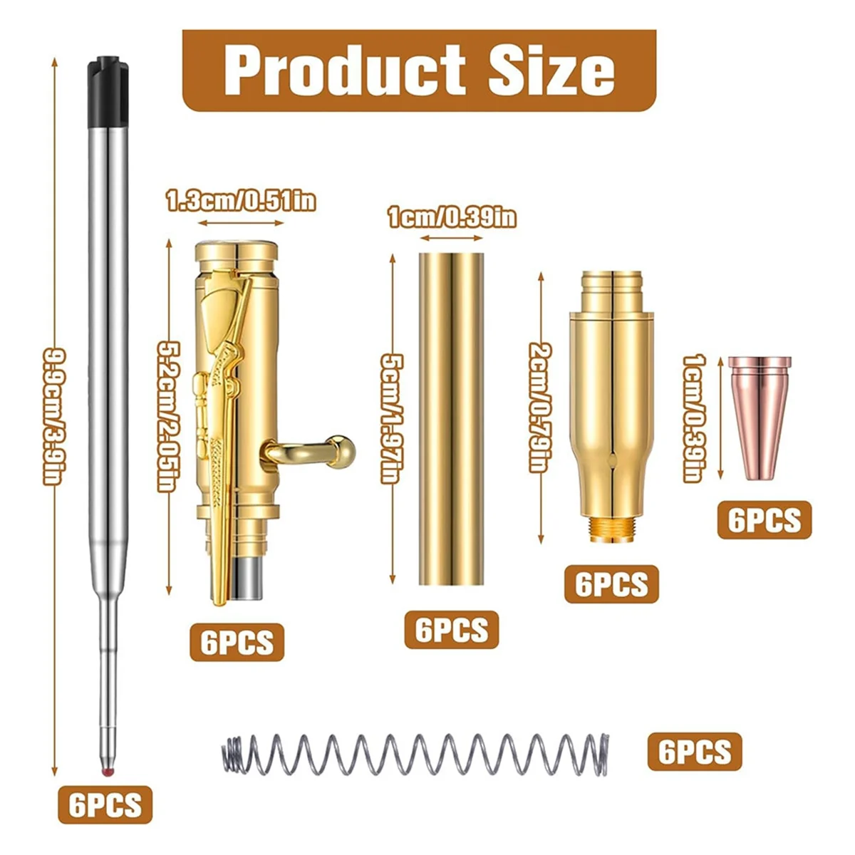 A42F  Set of 6 Slim Pens, Multi-Color Wooden Swivel Pen Set with Refill Shaft Bolt-On Ballpoint Pen for DIY Wooden Swivel