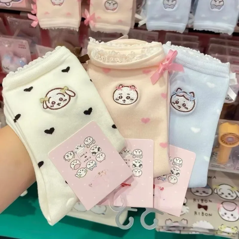 Chiikawa Ruffle Socks Cute Cartoon Hachiware Usagi Middle Tube Socks Bowknot Heart Pattern Cotton Student Girls Ankle Socks Gift