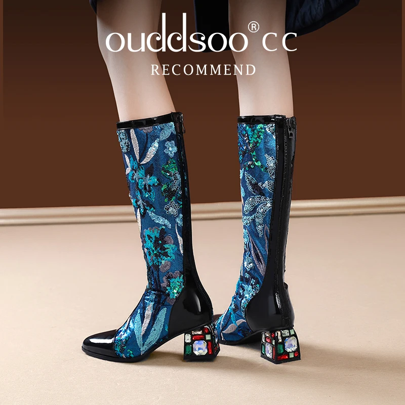 Ods Genuine Leather Tall High Women Boots platform Thick Heels Square Toe Knee High Boots Autumn Winter Warm Ladies Shoes 39 40