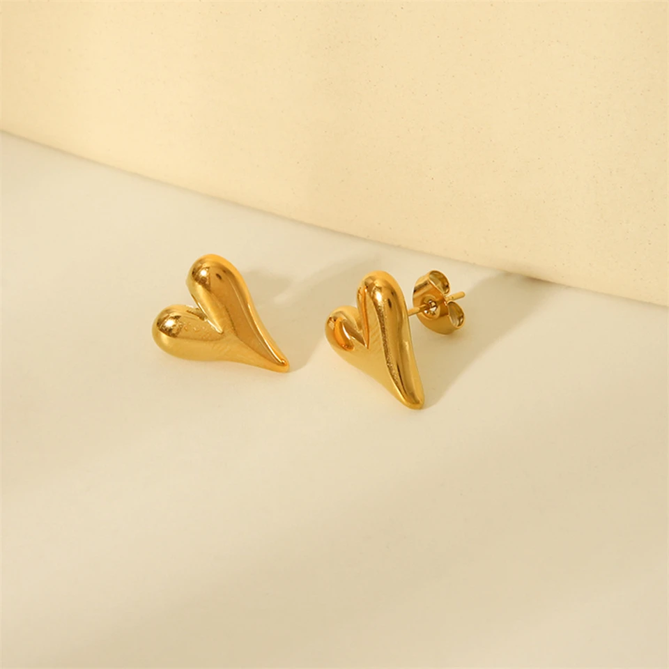 UILZ Gold Color Stainless Steel Metal Heart Stripe Stud Earrings Waterproof Personalized Texture Charm Lovely Jewelry Gift image 4