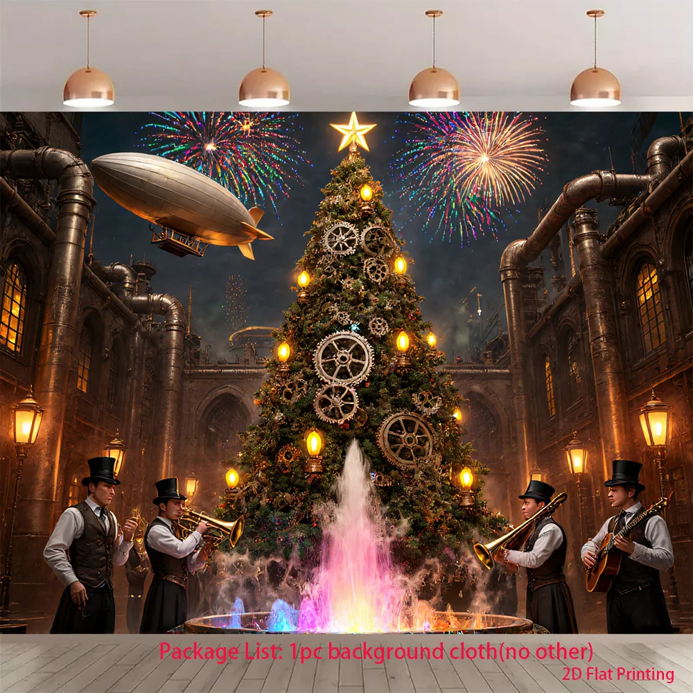 Steampunk Christmas Tree Tapestry, Vintage Gear & Airship Wall Hanging for Living Room Decor, Retro Holiday Art Gift