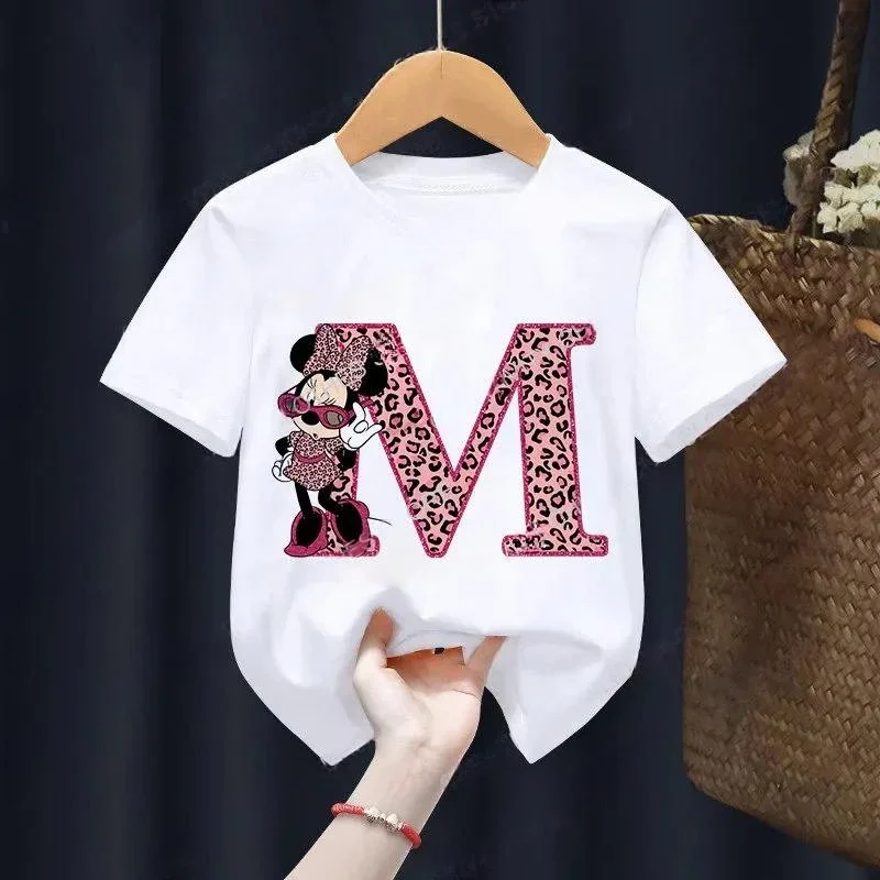 Letter A-Z Minnie Children  T-Shirts Name Combination Disney Kawaii Cartoons Clothes Kids Little Boy Girl Tee Shirts Casua