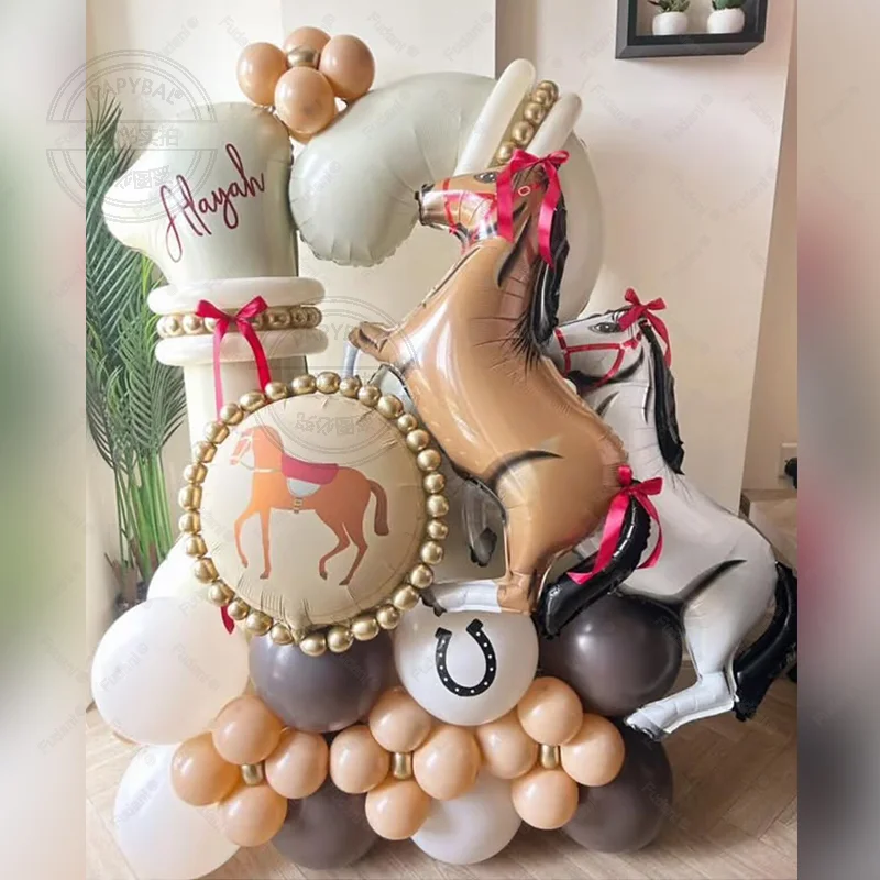 54Pcs Large Racing Horse Themed Balloon Set with 40inch 0-9 Cream Number Balloon for Birthday Western Cowboy Party Supplies view 3