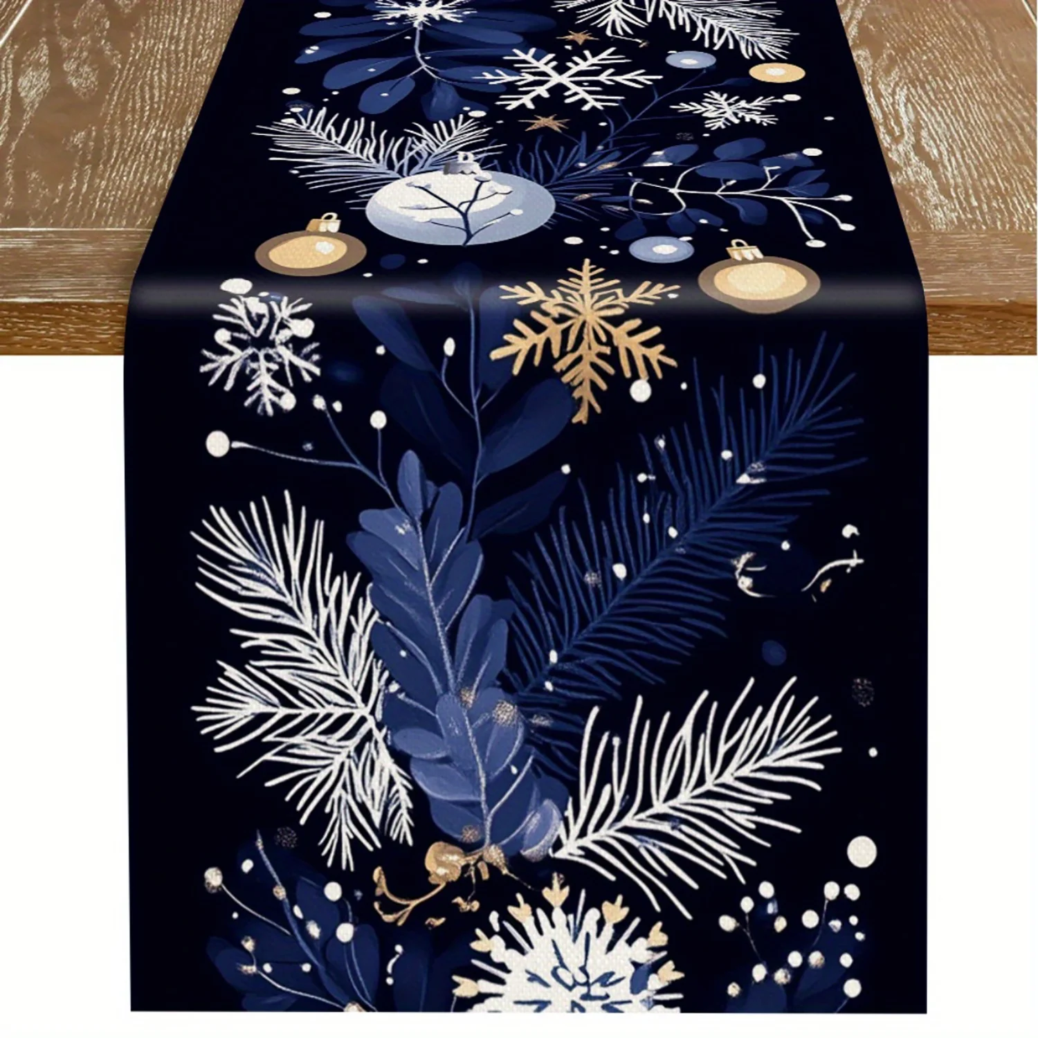 Holiday Blue Snowflake and Pine Branch Table Runner for Christmas and Holiday Decor, Christmas Table Decoration