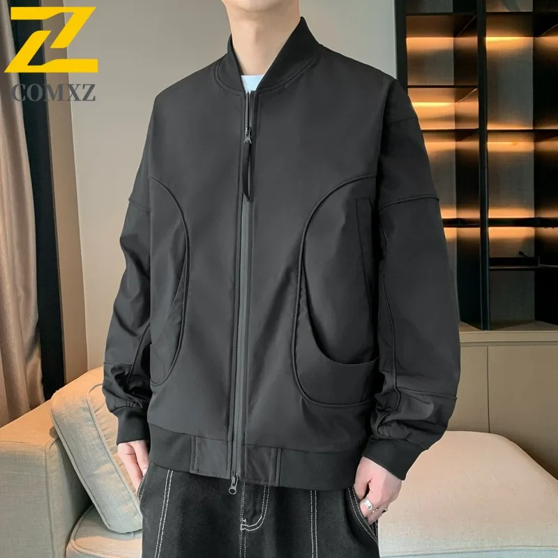 

COMXZ Men Jacket Premium Baseball Collar Korean Style Fashion Lightweight Windbreaker Business Casual Windproof Autumn Coat