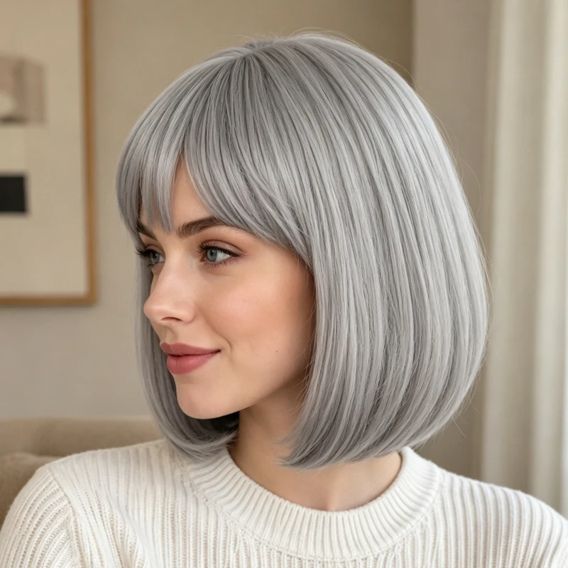 Silver-grey bob wig with bangs, 12 inches, heat-resistant synthetic fiber women's wig, smooth and silky.