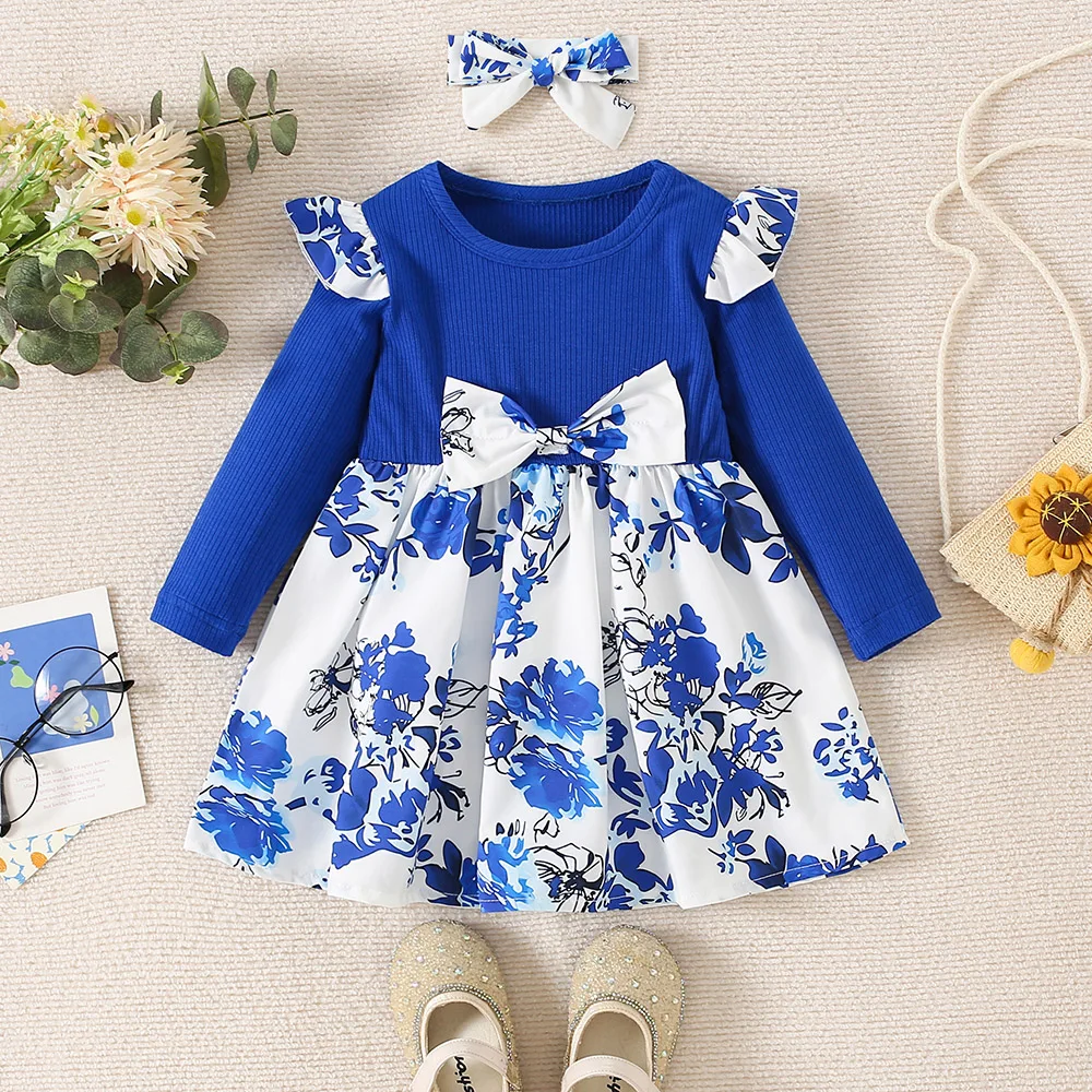 

Autumn New for Baby Girl Flower Printed Bow Long Sleeved Blue Dress with Hairband Elegant Girl Party Dress
