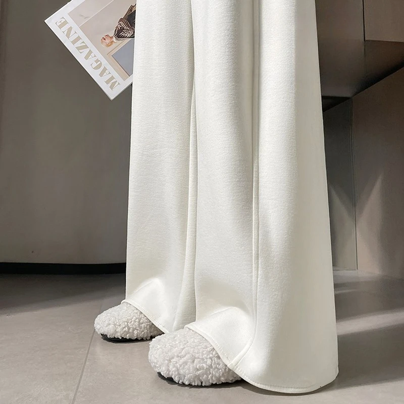 Pantalon taille haute en cachemire à jambes larges pour femme, pantalon droit décontracté, élégant, ample, chaud, riz gluant, nouvelle collection automne hiver