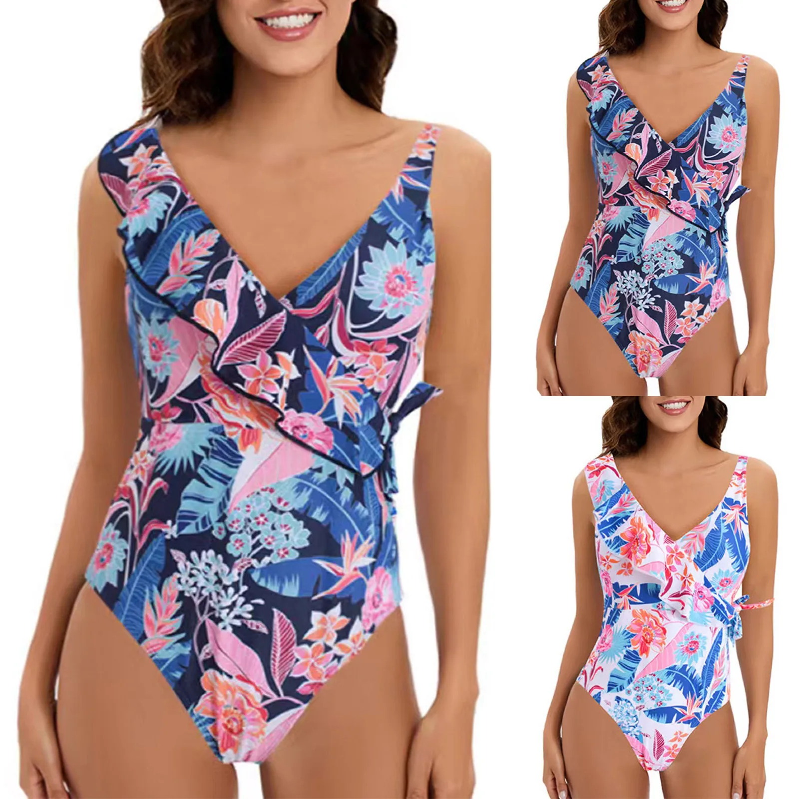 Colorful Print Swimwear Female Ruffled One-Piece Swimsuit For Women Backless Bodysuits Slimming Monokini Summer Beachwear