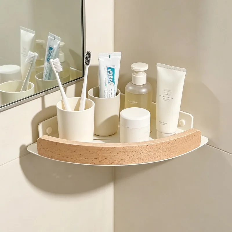 Light Luxury Wall Mounted Corner Storage Rack Beech/Walnut Wood Bathroom Shelf Storage Triangle Shelves Bathroom Accessories