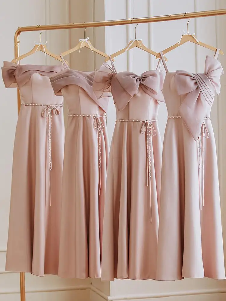 Pink Bridesmaid Dress With Belt New Summer Satin Sisters Group Evening Dresses Women Birthday Party Green Dress