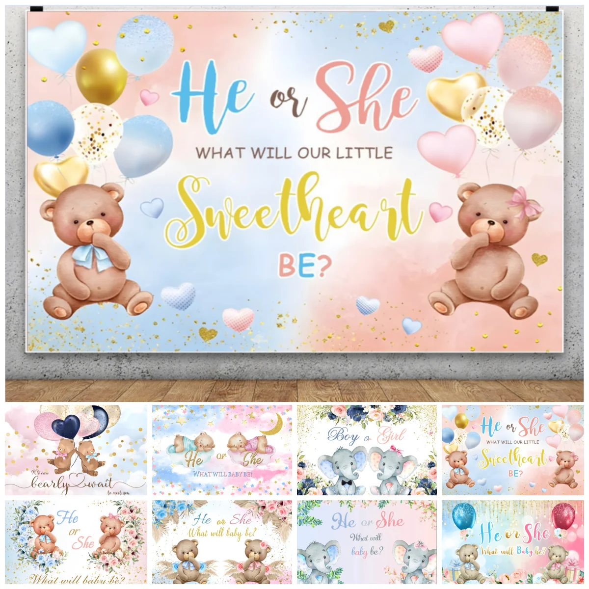 Yeele Gender Reveal Photography Backdrop Teddy Bear Balloon He Or She Sweetheart Baby Shower Birthday Photo Studio Background