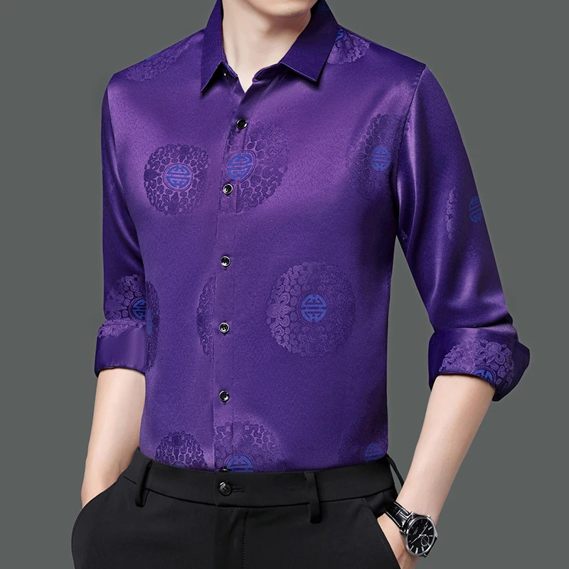 

Purple Smooth Satin Elegant Clothes For Mens Wedding Party Dress Gentleman Social Shirts Grapes Color Business Blouse Elastic