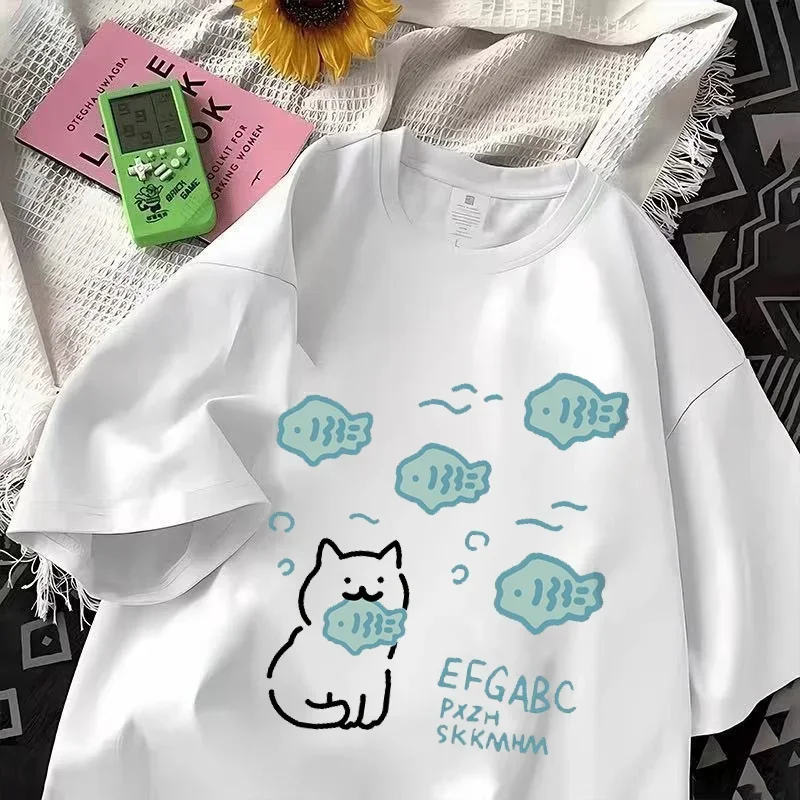 Summer Fashion Cute Little Fish Cat Cartoon Printing Universal Loose Casual T-shirt Simple Short Sleeve Women Tshirt Clothing