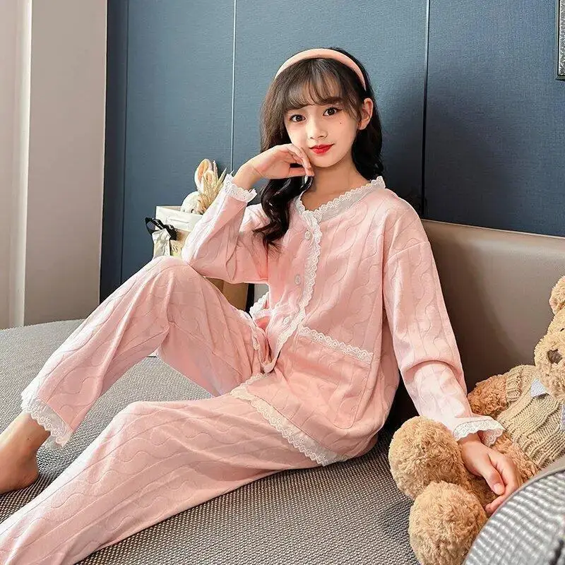 

Kawaii модный пижамный комплект для девочек, студенческий весенне-осенний повседневный домашний костюм с героями мультфильмов, топы, длинные штаны, комплект из 2 предметов, детская одежда