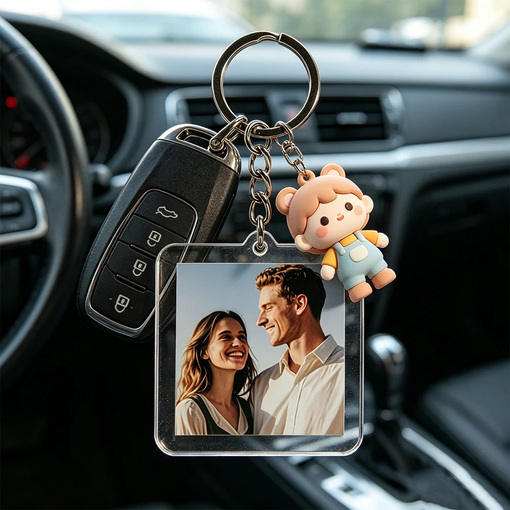 Custom transparent acrylic keychain with QR code and custom text personalized names photo date durable square pendant best gifts view 6