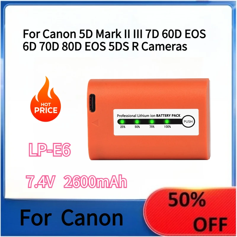 

LP-E6 LP E6 LPE6 Type-C Charging Battery For Canon 5D Mark II III 7D 60D EOS 6D 70D 80D EOS 5DS R Cameras
